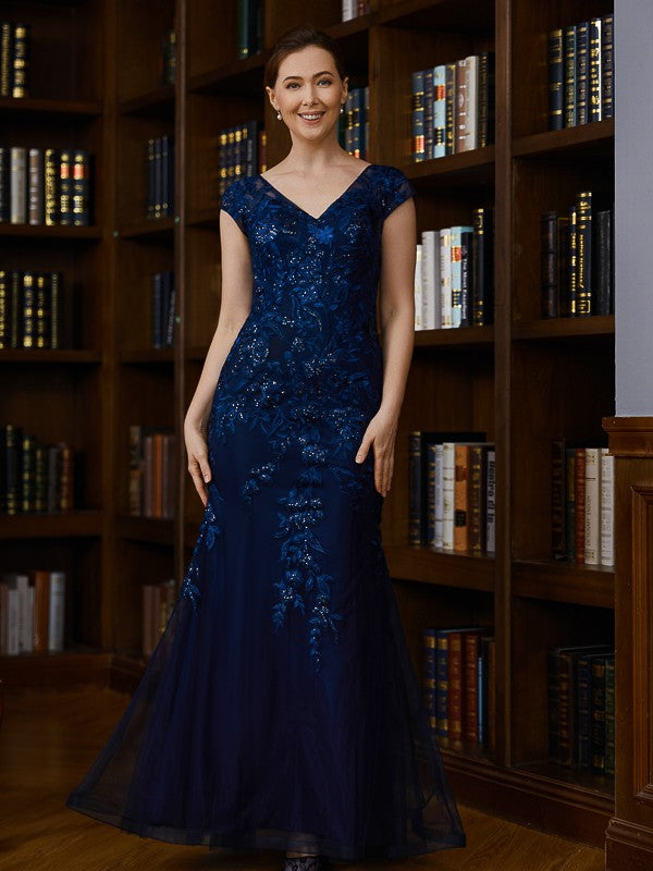 Wholesale Sheath/Column Tulle Applique V-neck Short Sleeves Floor-Length Mother of the Bride Dresses
